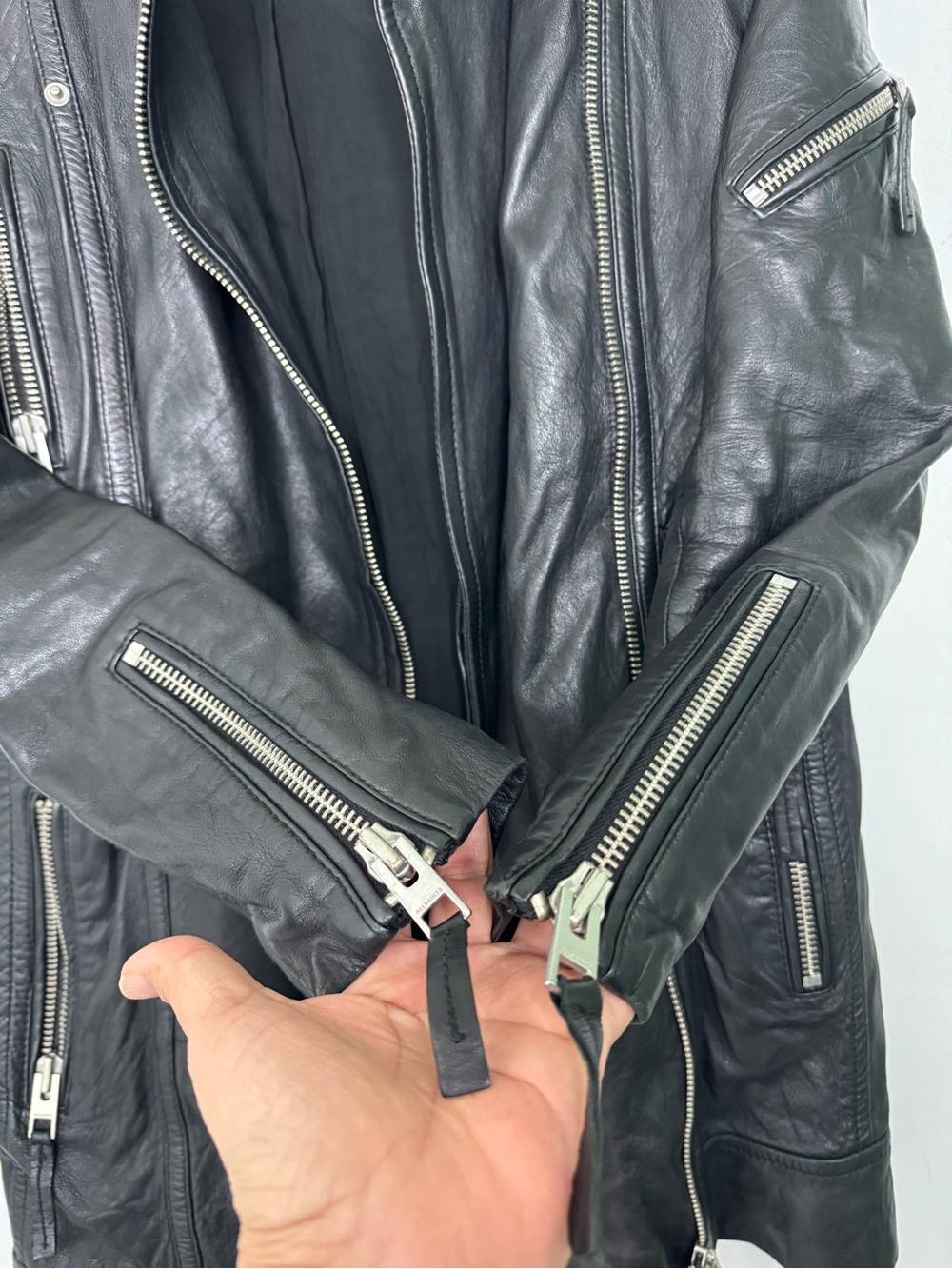All Saints Whitmer leather biker jacket trench coat with NO belt. Sz 2 - Picture 11 of 13